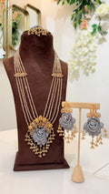 Silver Rose Pearl Layered Bridal Set with Gold Floral Earrings