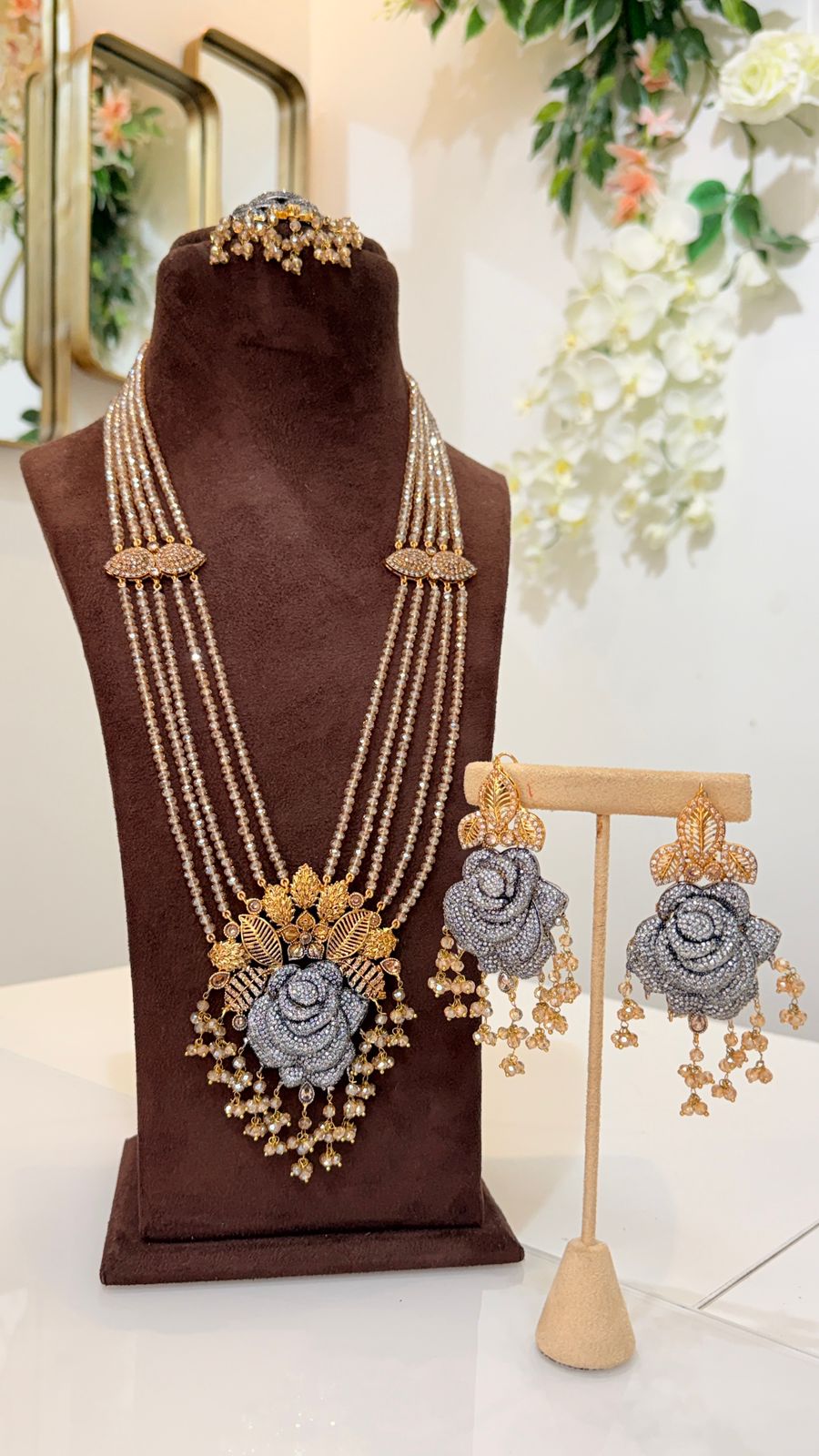 Silver Rose Pearl Layered Bridal Set with Gold Floral Earrings