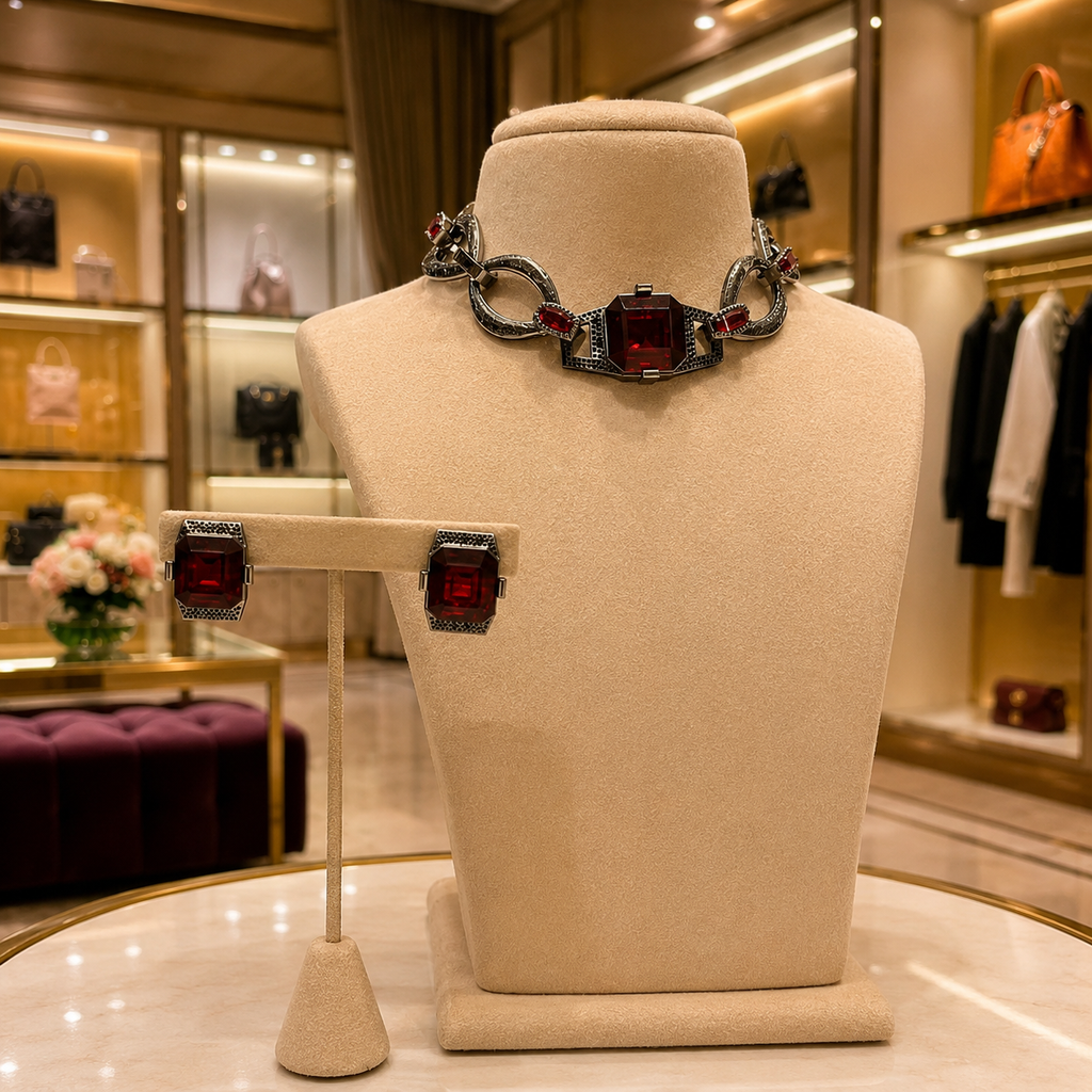 Silver Chain Choker Necklace Set with Red Stone Earrings