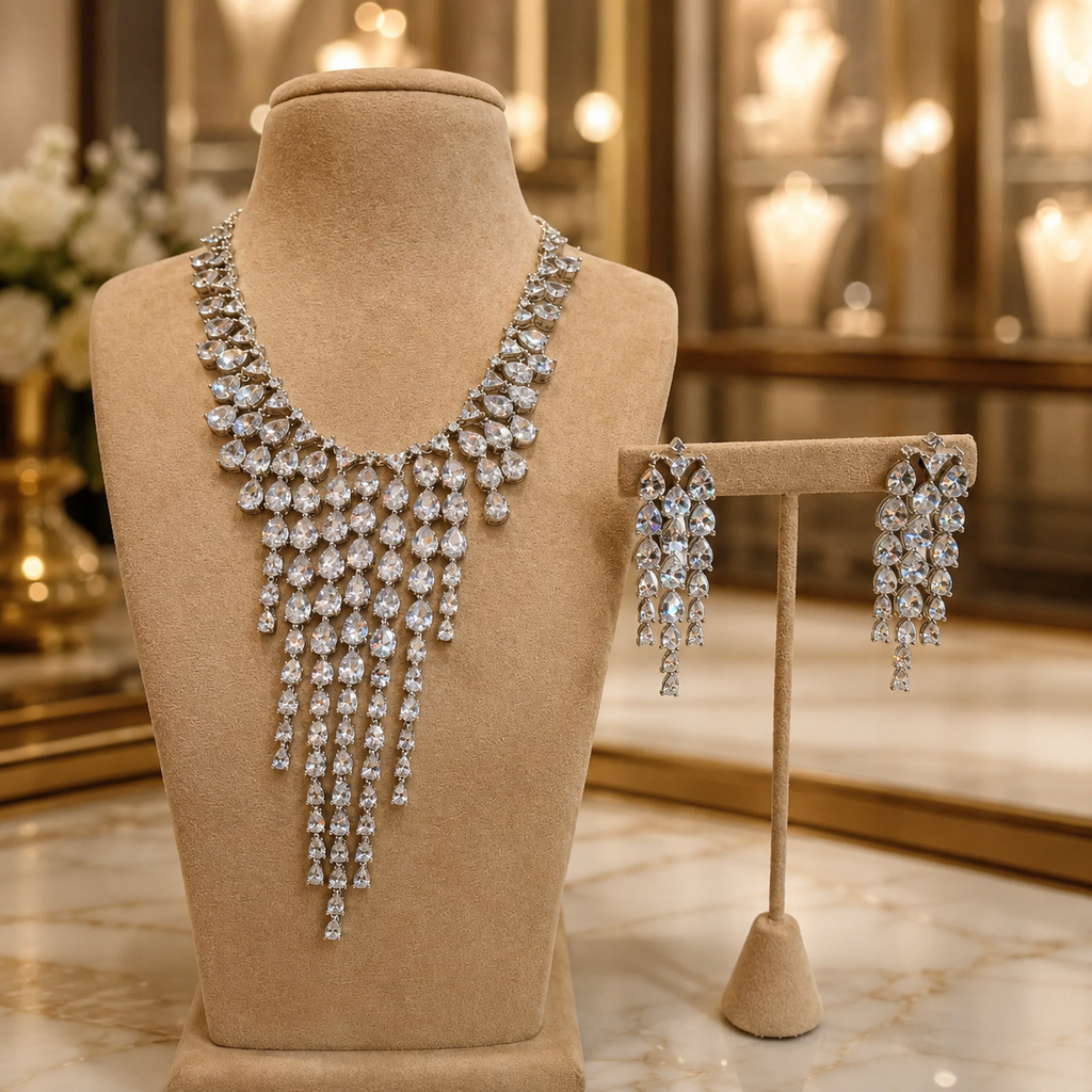 Silver Crystal Waterfall Necklace Set with Matching Drop Earrings