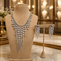 Silver Crystal Waterfall Necklace Set with Matching Drop Earrings