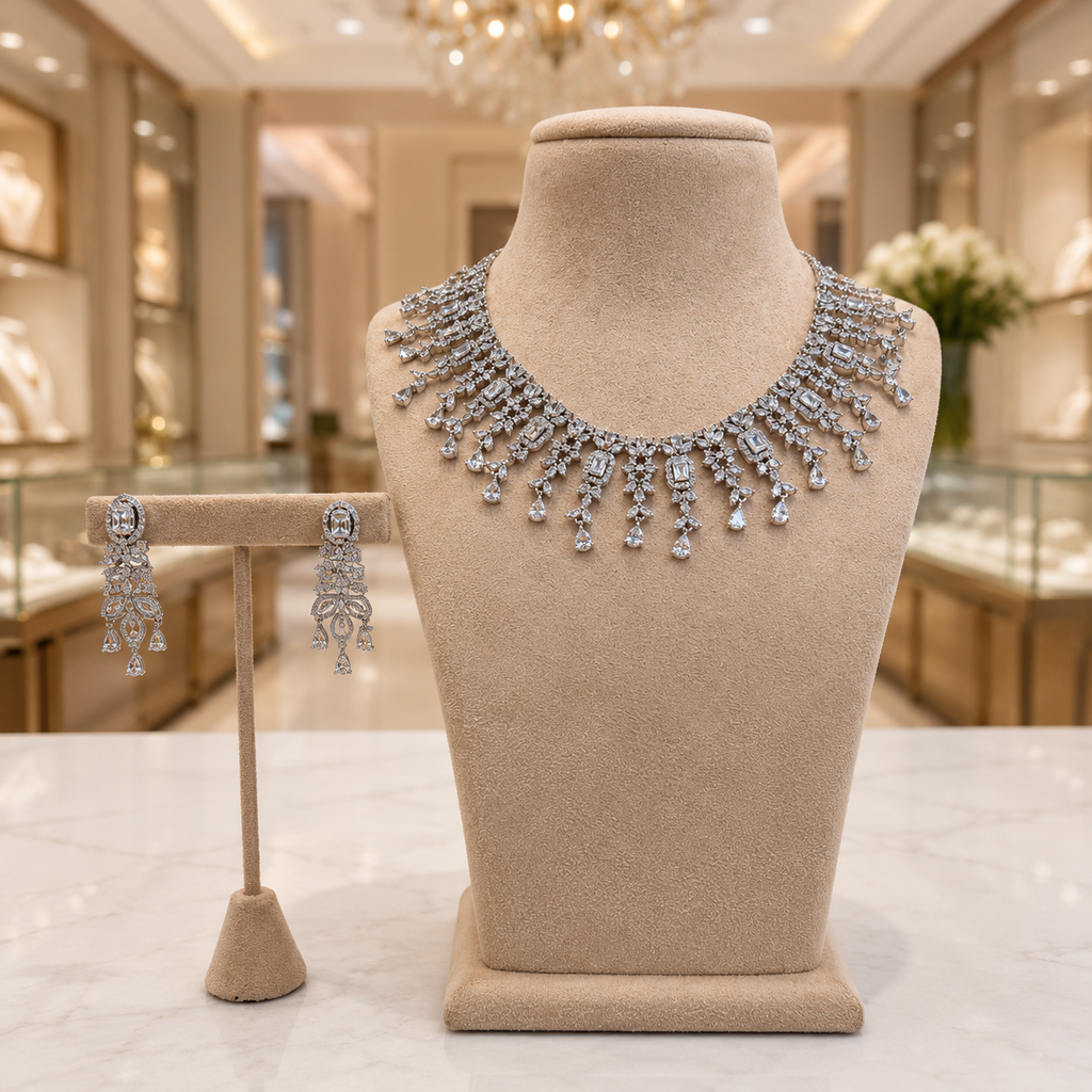 Silver Diamond-Style Cascade Necklace Set with Matching Earrings