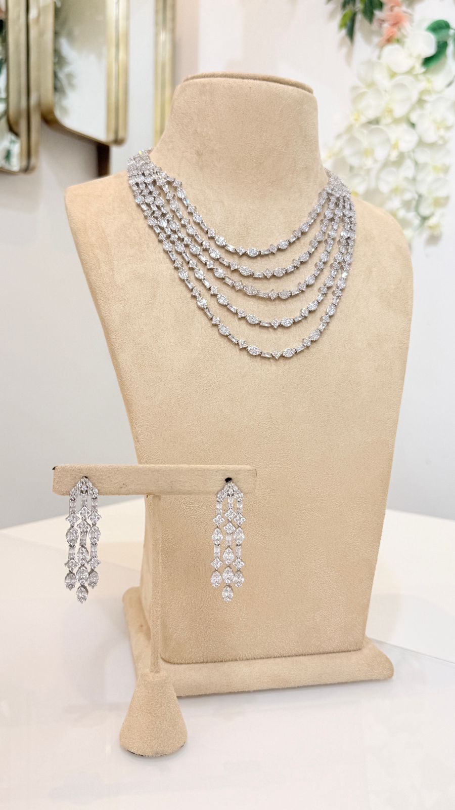 Silver Multi Layer Crystal Necklace and Earrings Jewelry Set