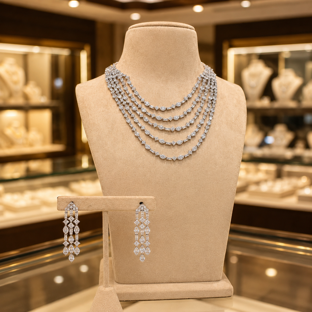 Silver Multi Layer Crystal Necklace and Earrings Jewelry Set