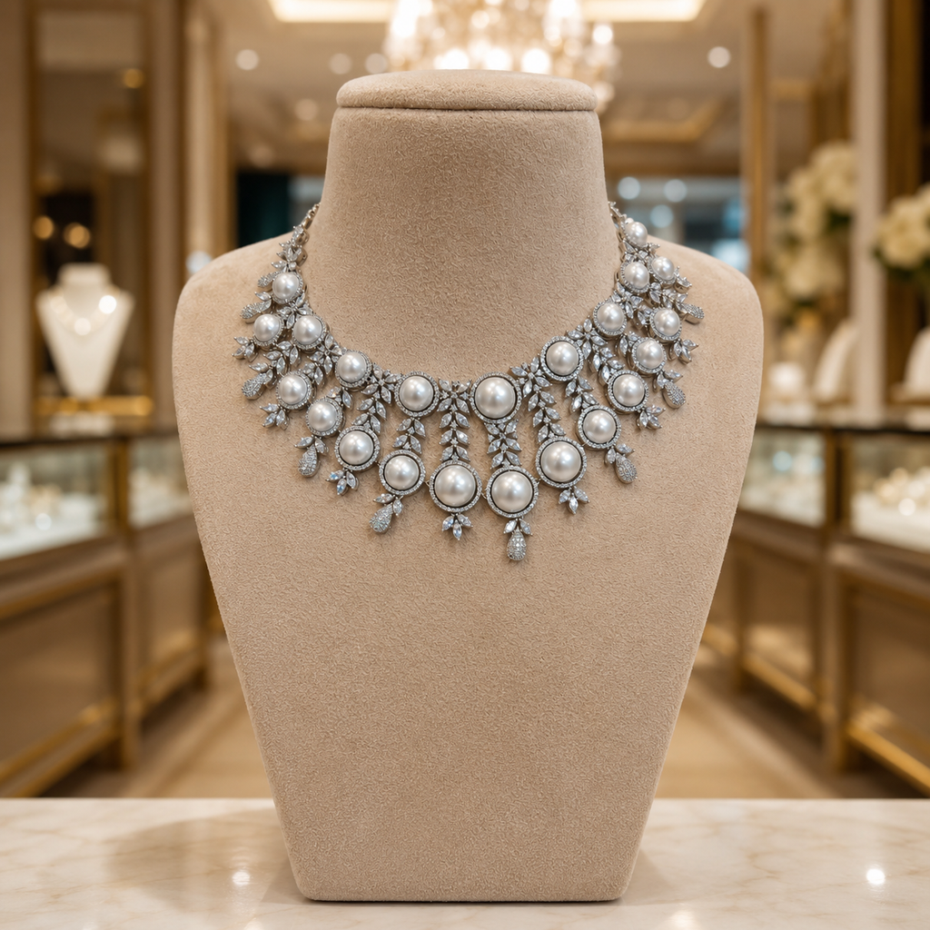 Silver Pearl Leaf Design Statement Necklace