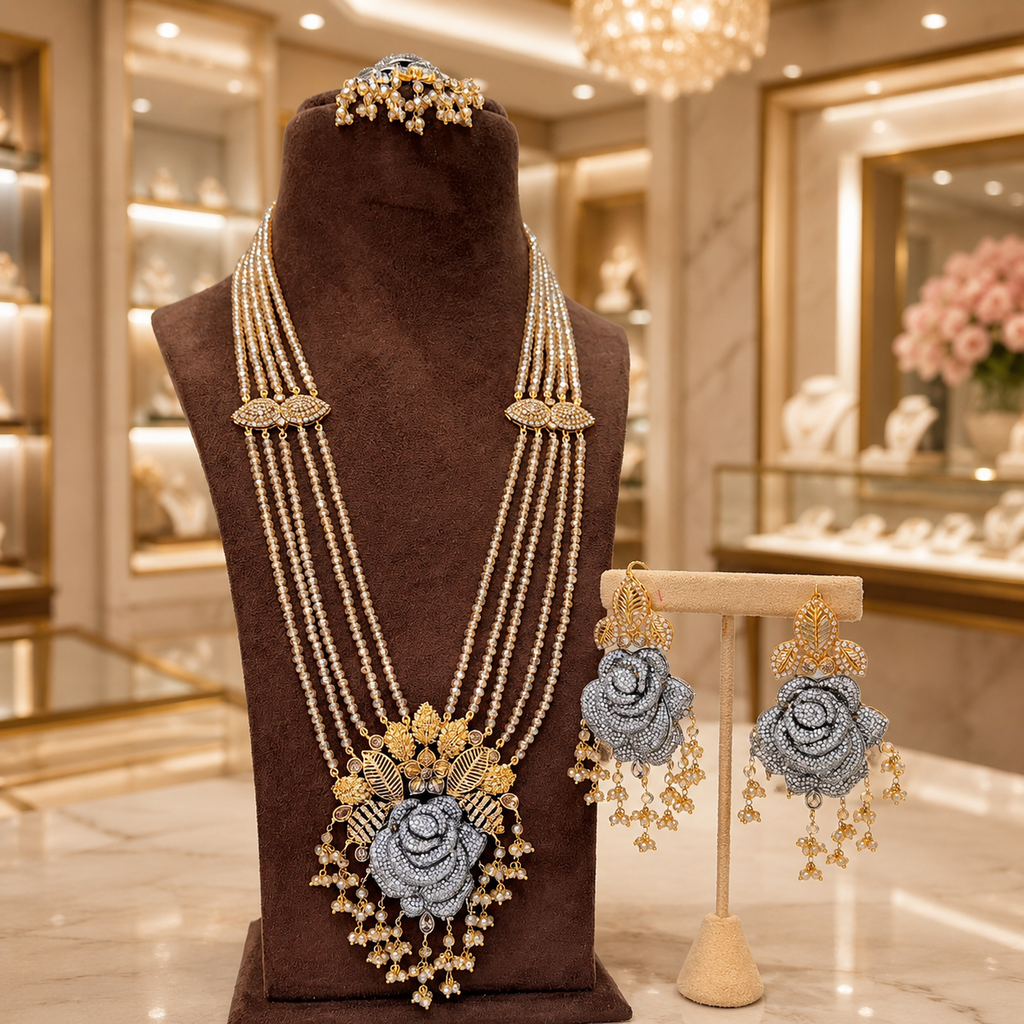 Silver Rose Pearl Layered Bridal Set with Gold Floral Earrings