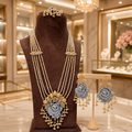 Silver Rose Pearl Layered Bridal Set with Gold Floral Earrings