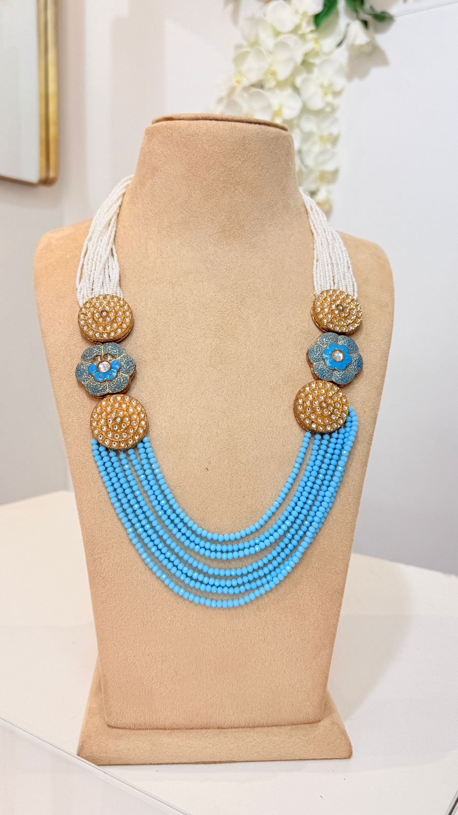 Sky Blue Multi-Layer Beaded Necklace with Pearl and Floral Detail