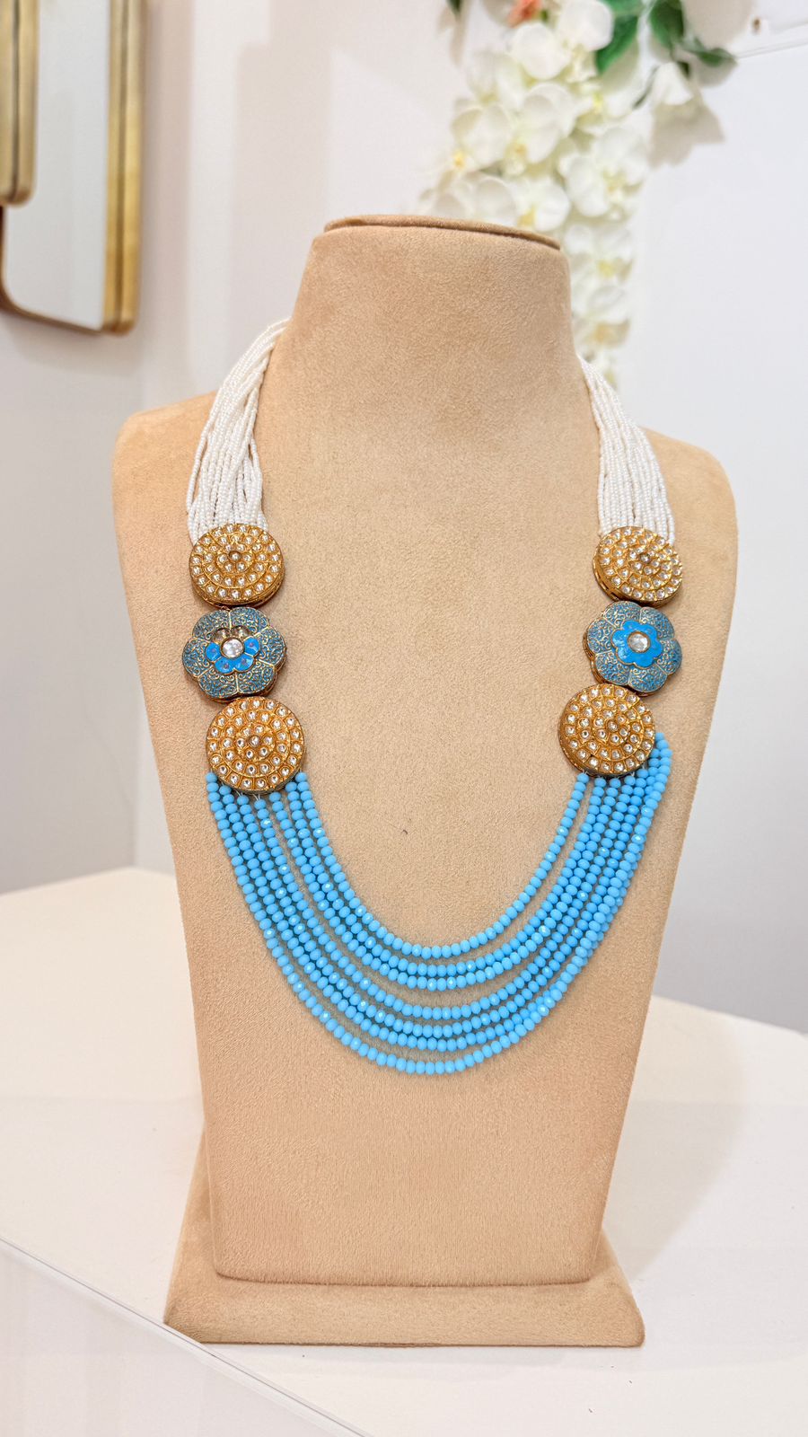 Sky Blue Multi-Strand Beaded Necklace with Pearl and Floral Detail