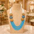 Sky Blue Multi-Layer Beaded Necklace with Pearl and Floral Detail