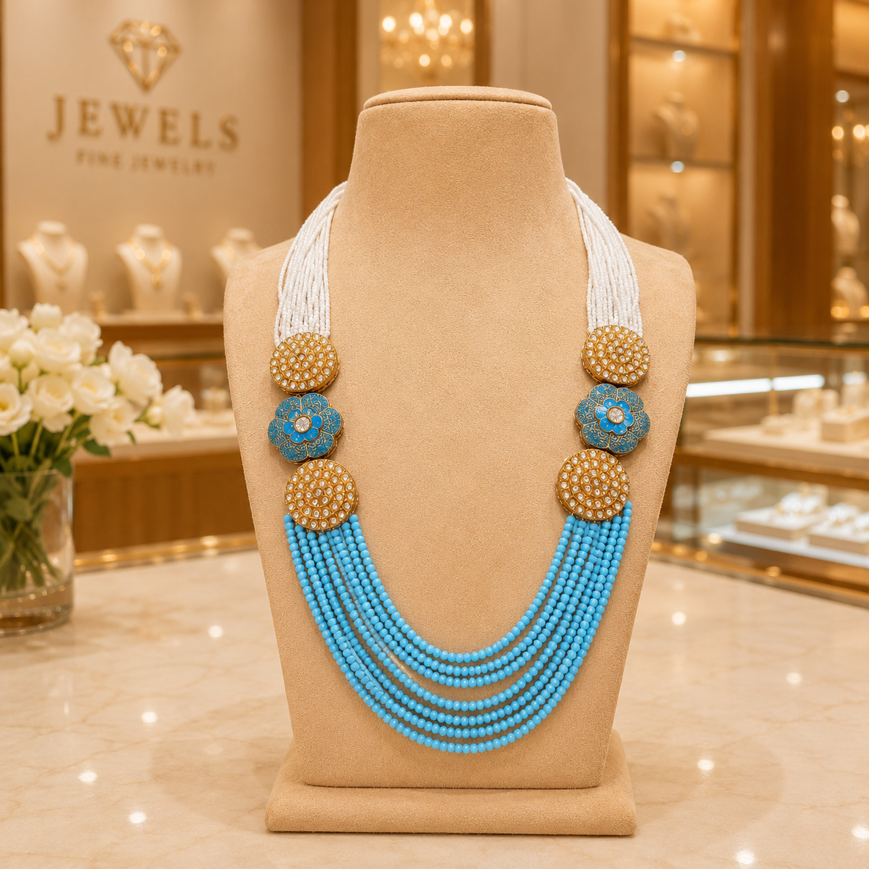 Sky Blue Multi-Strand Beaded Necklace with Pearl and Floral Detail