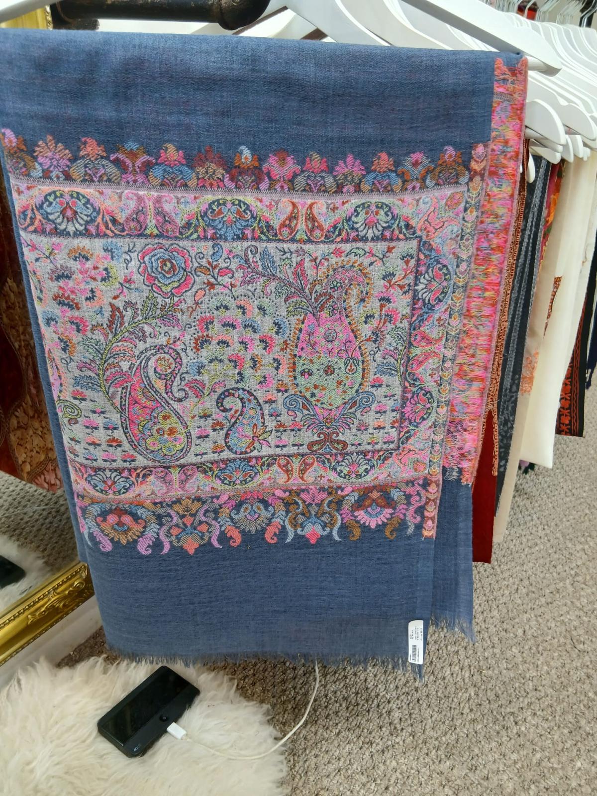 Slate Blue Kashmiri Paisley Garden Premium Pashmina Shawl