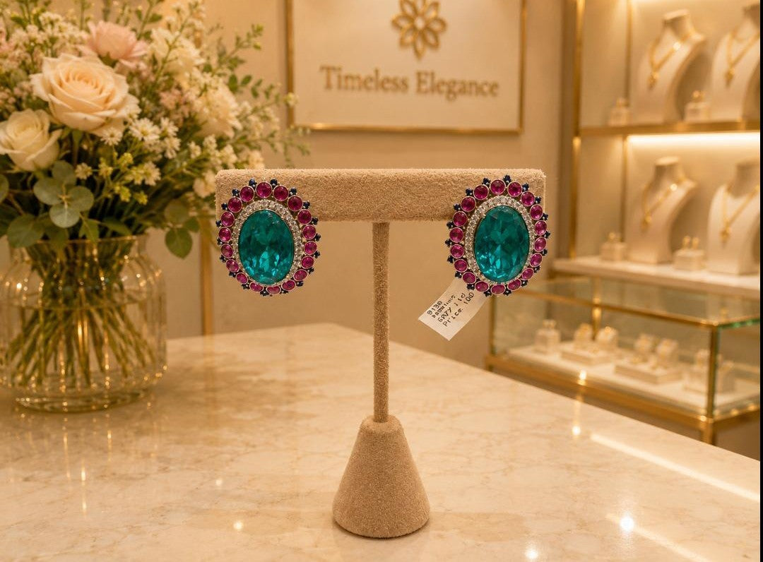 Teal Blue & Ruby Pink Statement Stud Earrings