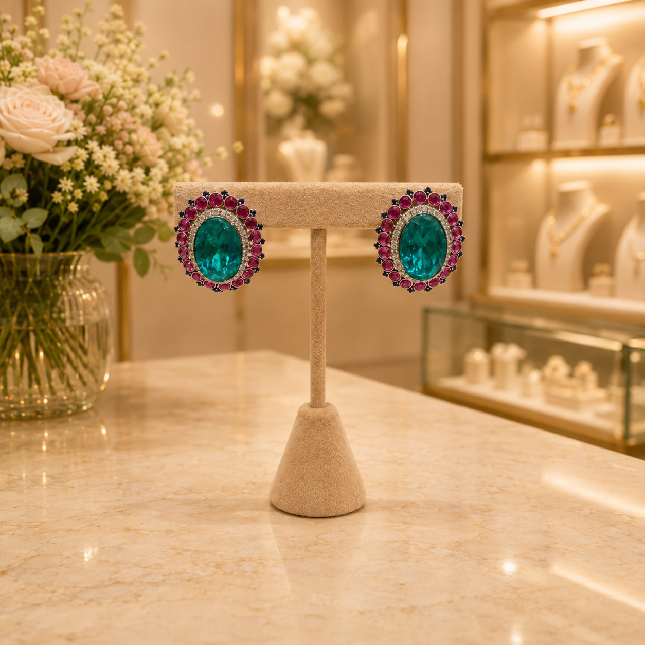 Teal Blue & Ruby Pink Statement Stud Earrings