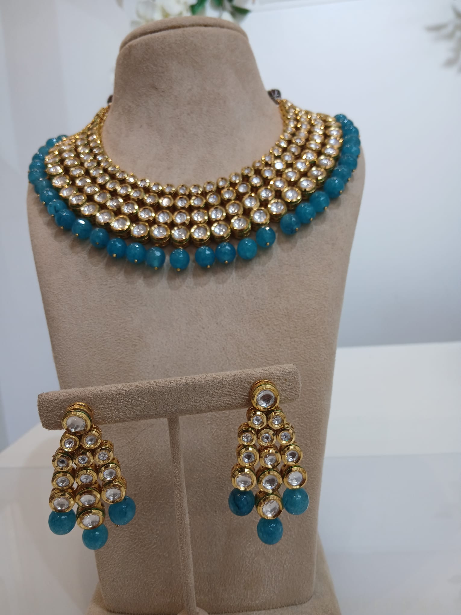 Turquoise Bead Gold Kundan Collar Set with Matching Earrings