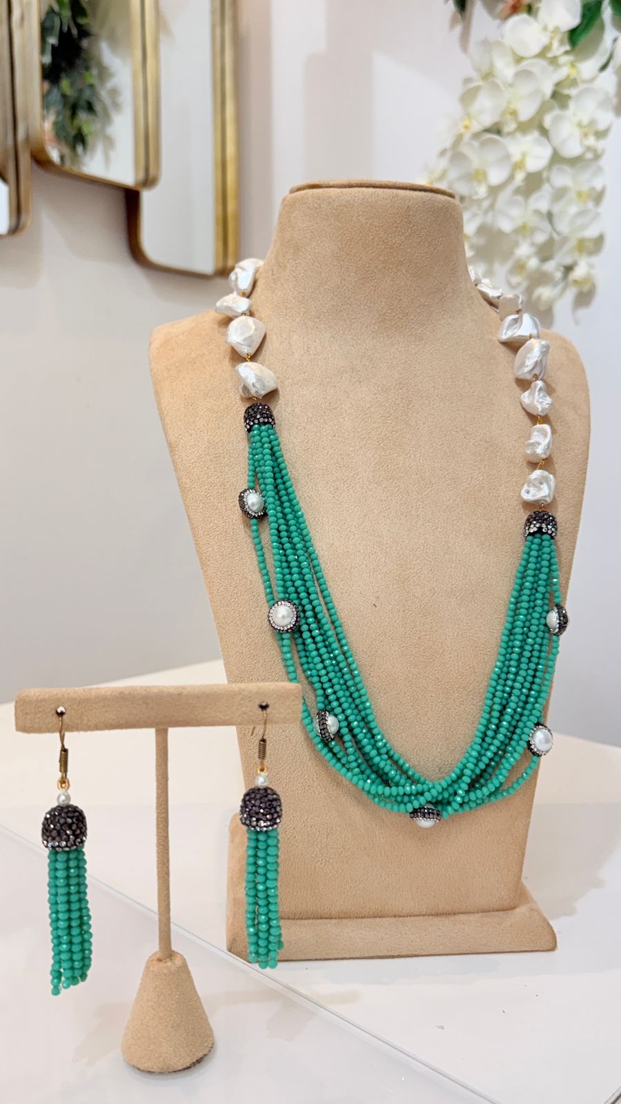 Turquoise Beaded Baroque Pearl Necklace Set with Tassel Earrings
