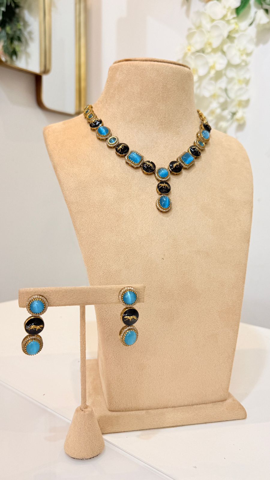 Turquoise Black Stone Necklace Set with Matching Earrings