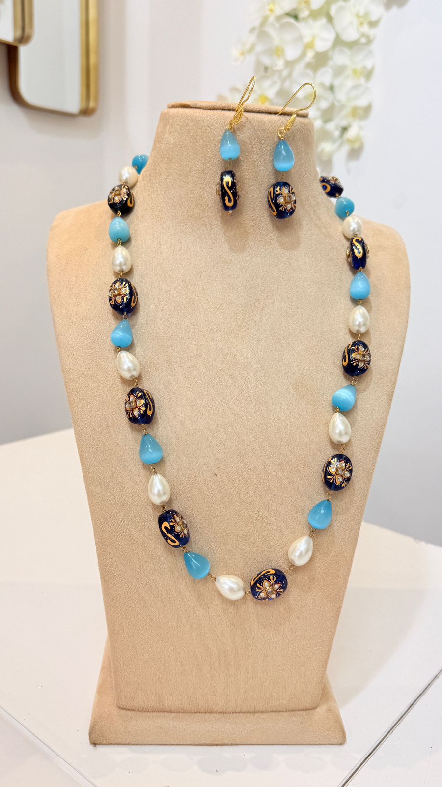 Turquoise Blue Pearl Beaded Necklace Set with Matching Earrings