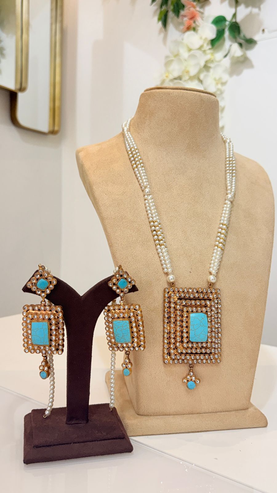 Turquoise Square Pendant Pearl Necklace Set with Long Drop Earrings