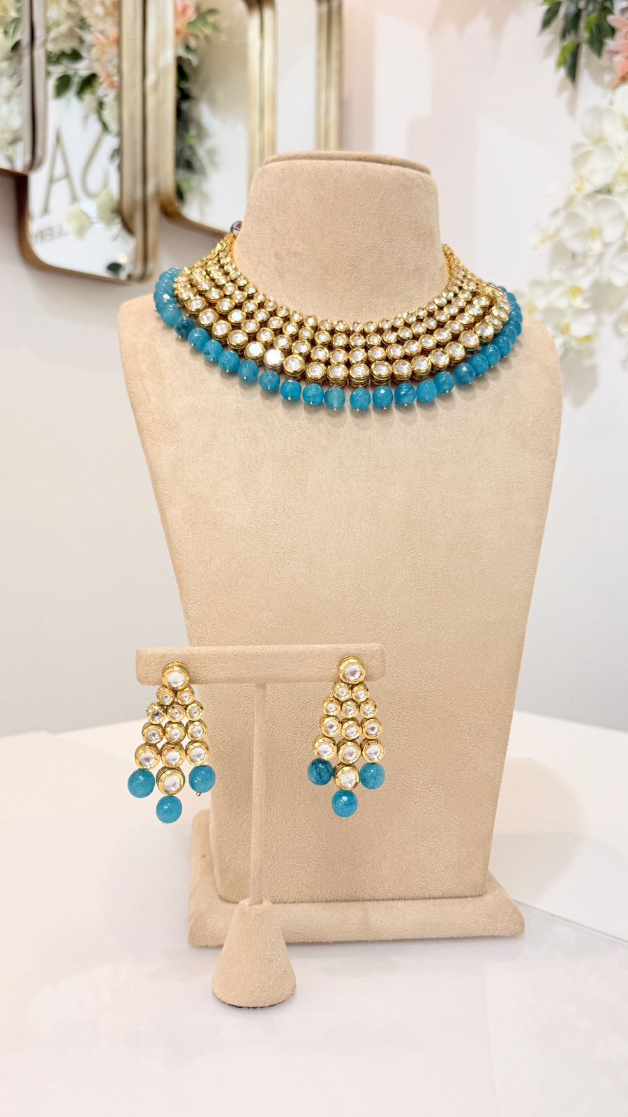 Turquoise Bead Gold Kundan Collar Set with Matching Earrings