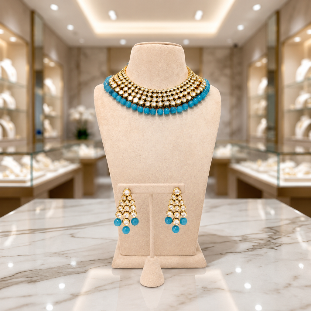 Turquoise Bead Gold Kundan Collar Set with Matching Earrings