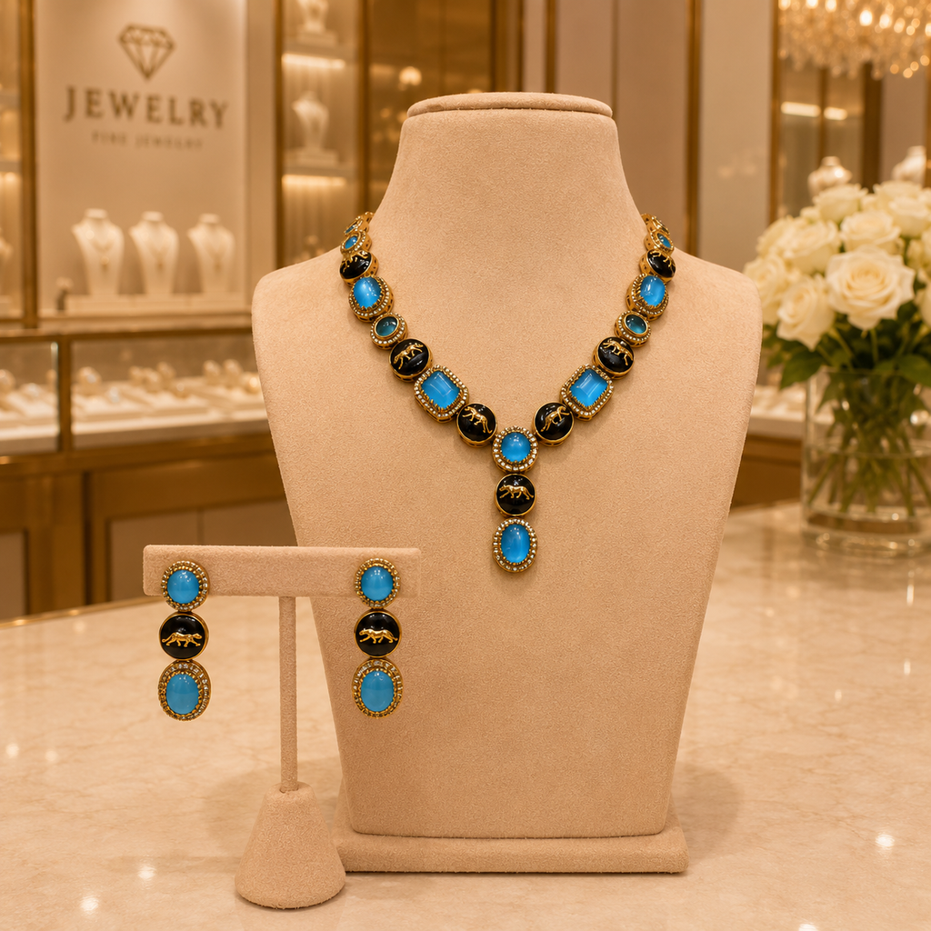 Turquoise Black Stone Necklace Set with Matching Earrings