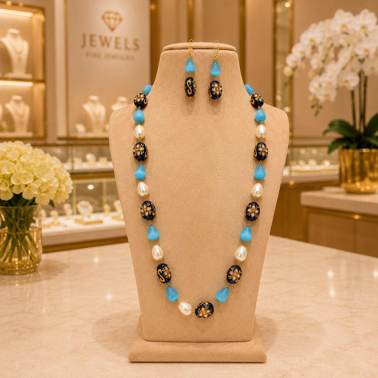 Turquoise Blue Pearl Beaded Necklace Set with Matching Earrings