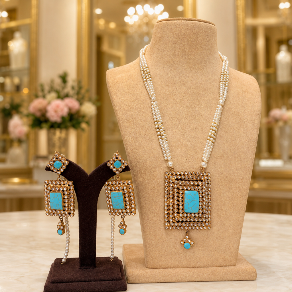 Turquoise Square Pendant Pearl Necklace Set with Long Drop Earrings