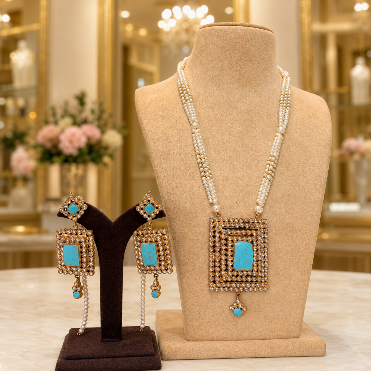 Turquoise Square Pendant Pearl Necklace Set with Long Drop Earrings