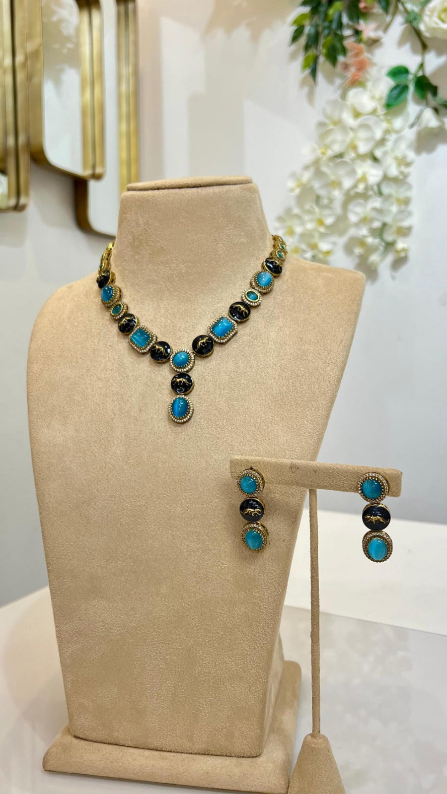 Azure Blue and Onyx Black Panther Medallion Necklace Set