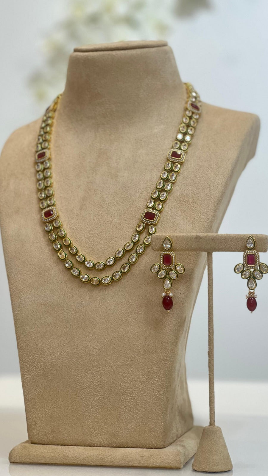 Red Ruby and Polki Diamond Double Layer Long Mala Set