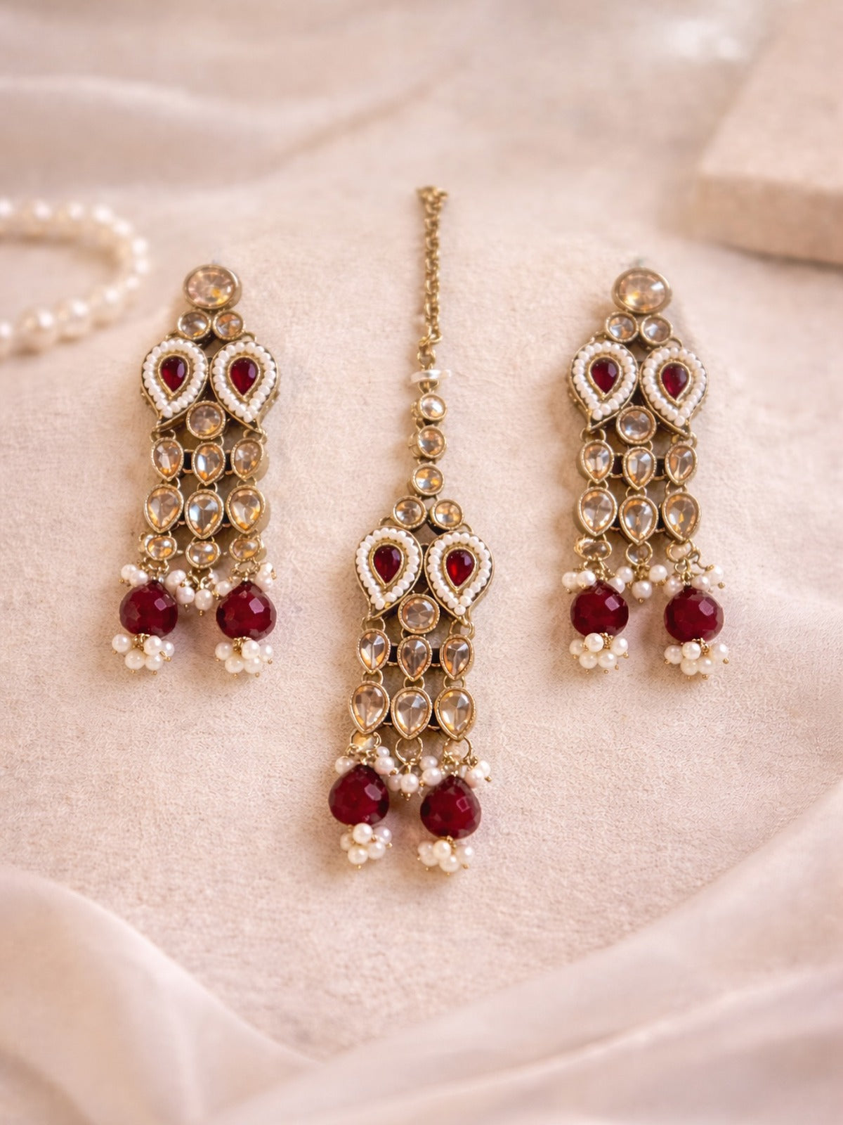 Ruby Red and Pearl Accented Maang Tikka and Earring Set