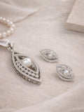 Pearl and Marquise-Cut Crystal Halo Pendant Set in Silver