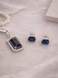 Midnight Sapphire Rectangular Halo Pendant and Stud Set