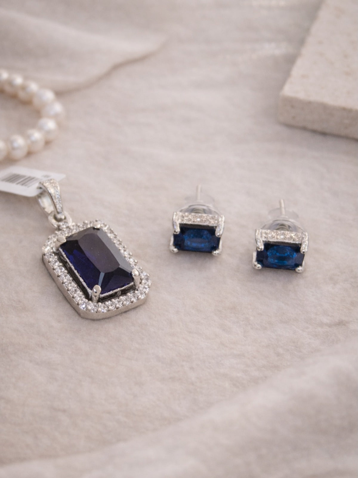 Midnight Sapphire Rectangular Halo Pendant and Stud Set