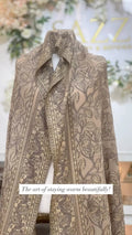 Intricate Beige Leaf and Vine Patterned Pashmina Shawl