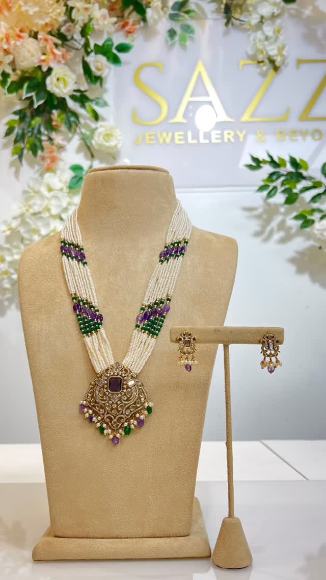 Royal Pearl Mala with Amethyst and Emerald Accents