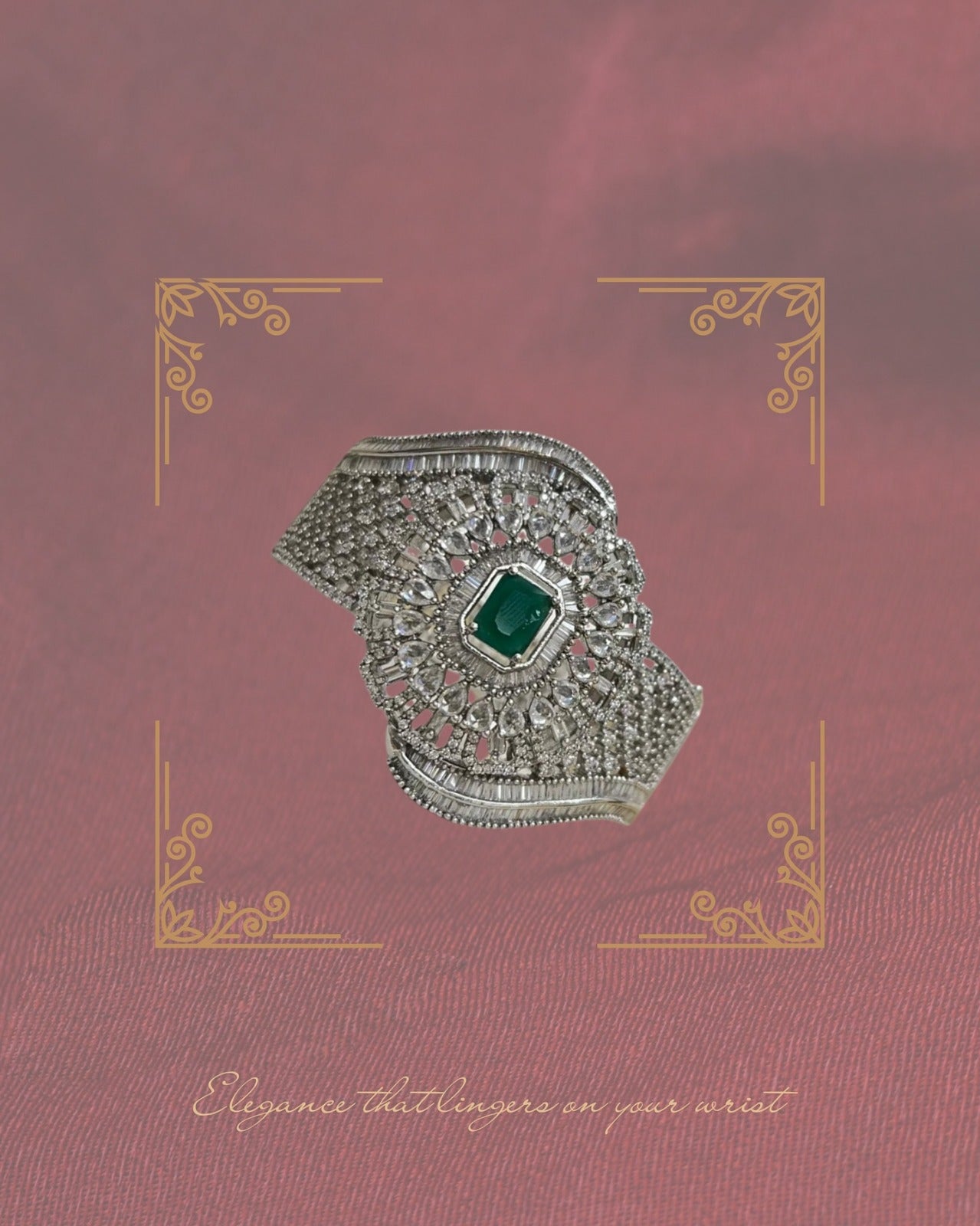 Silver-Tone Emerald Statement Watch-Style Bracelet