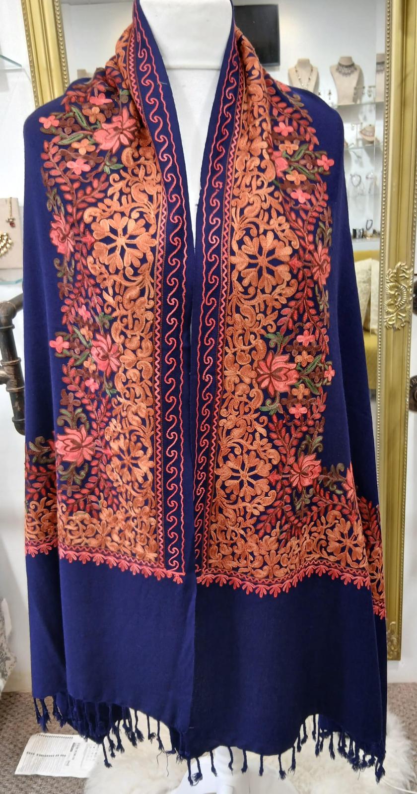 Royal Sapphire Kashmiri Floral Border Shawl Wrap