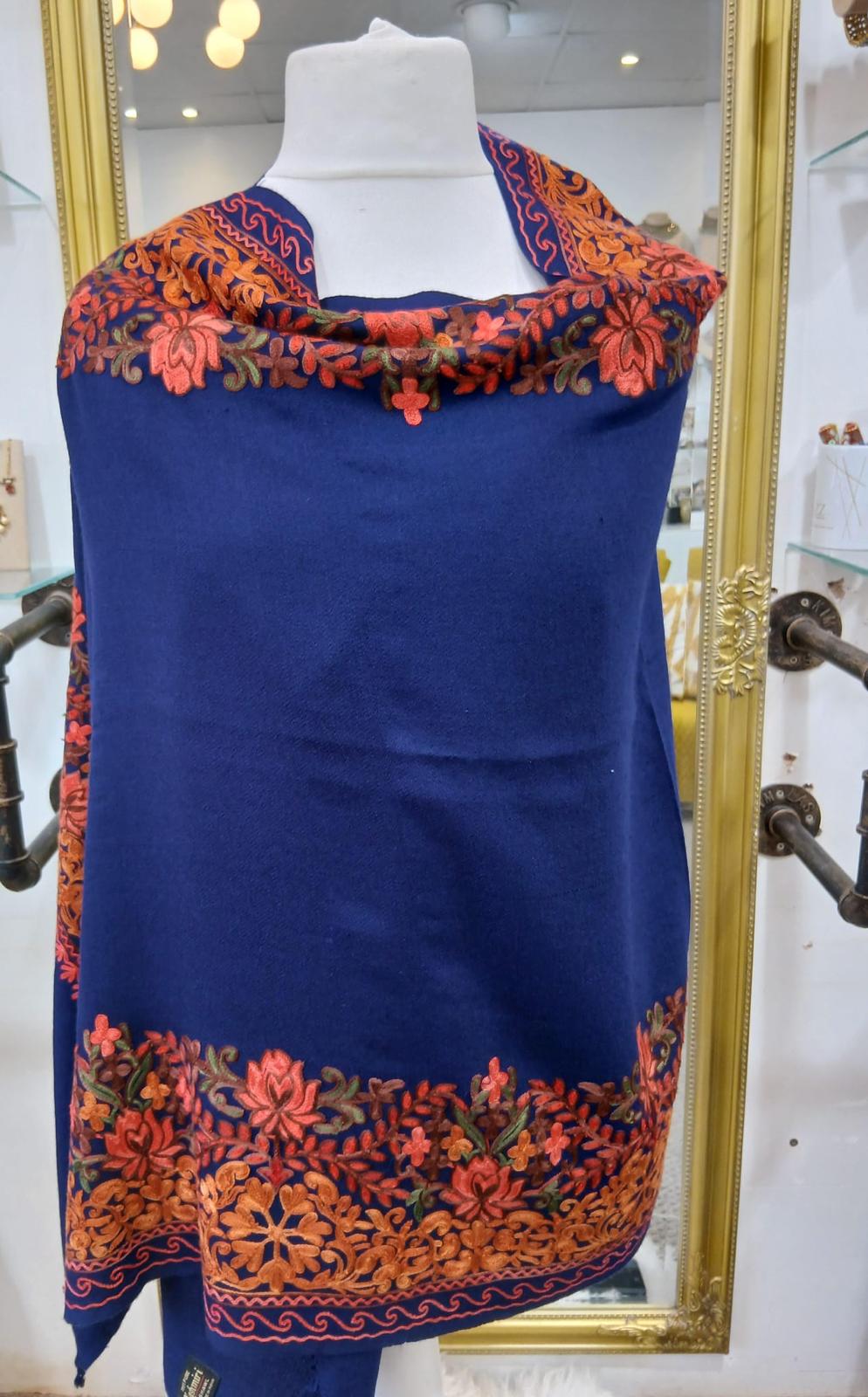 Royal Sapphire Kashmiri Floral Border Shawl Wrap