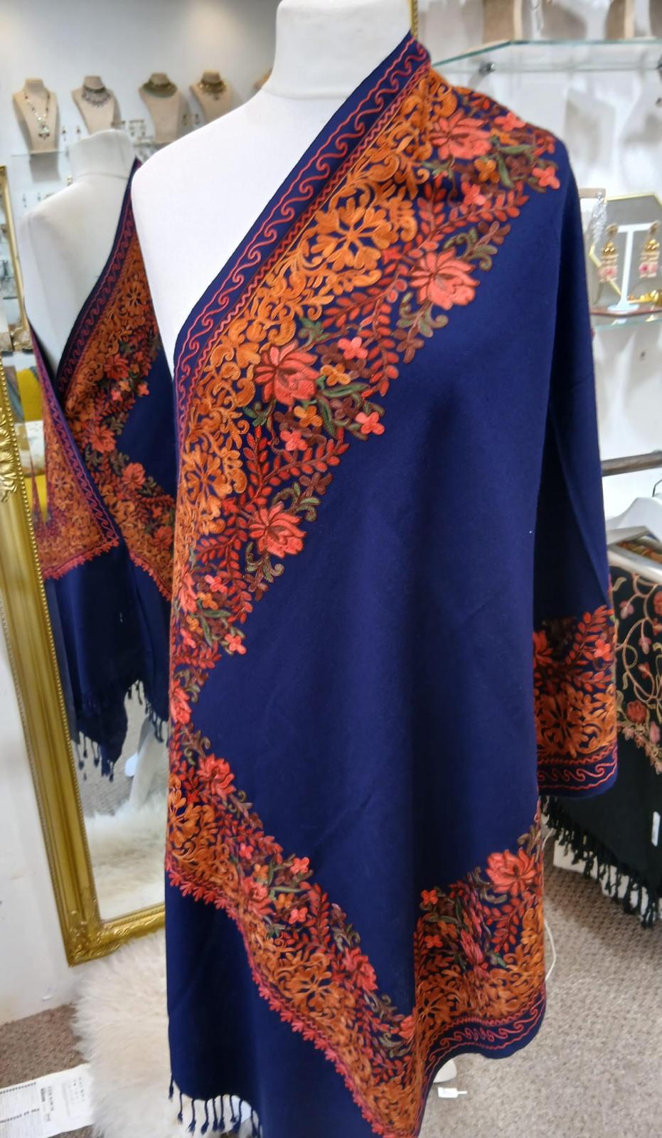 Royal Sapphire Kashmiri Floral Border Shawl Wrap