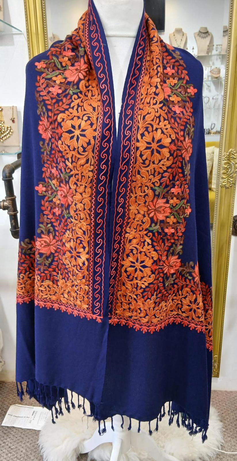 Royal Sapphire Kashmiri Floral Border Shawl Wrap