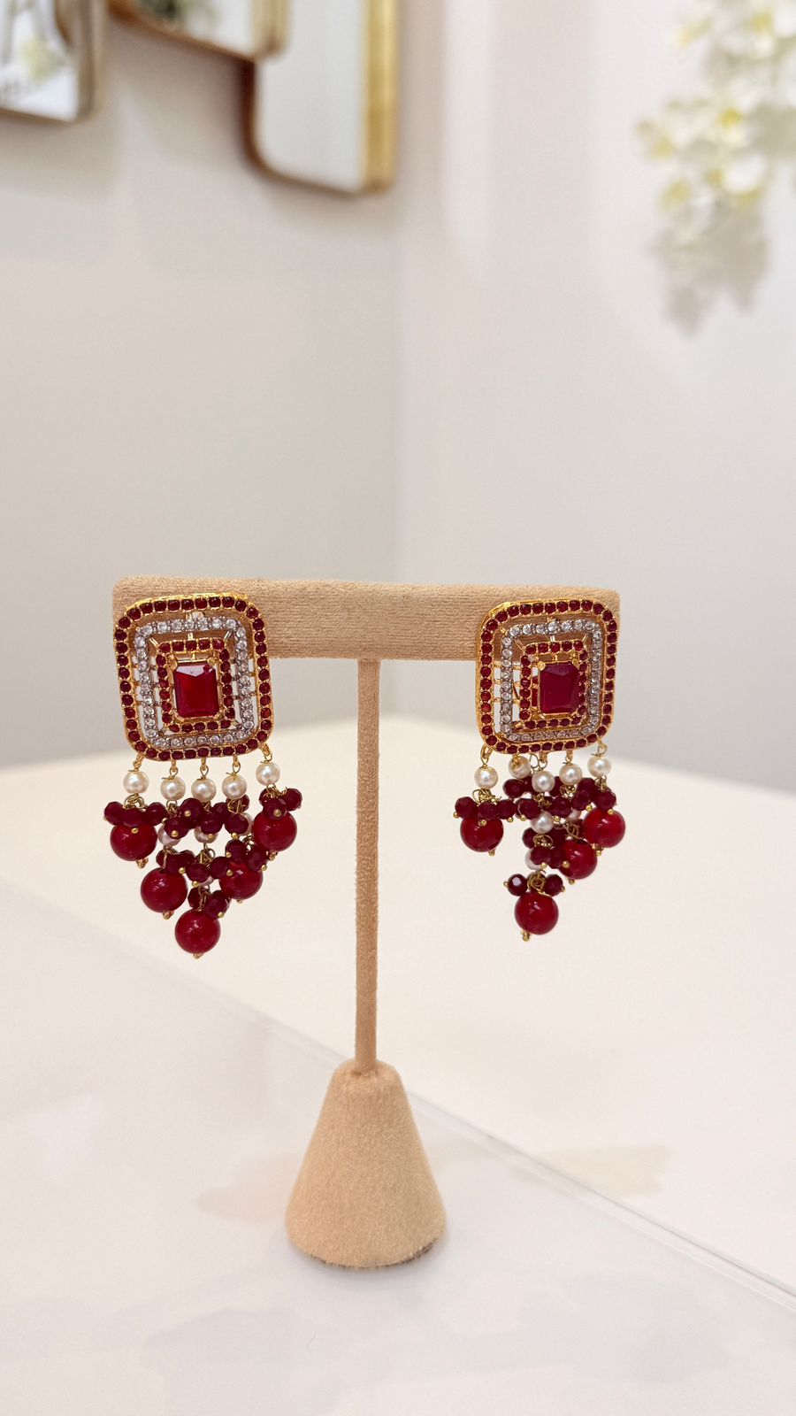Ruby Red Pearl Kundan Necklace Set with Matching Earrings