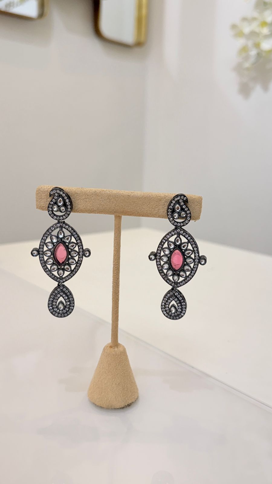 Magenta Beaded Oxidised Pendant Necklace Set with Matching Earrings