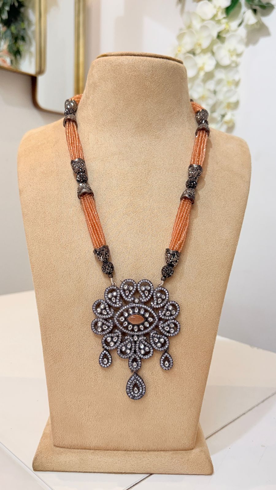 Peach Beaded Oxidised Pendant Necklace Set with Matching Earrings