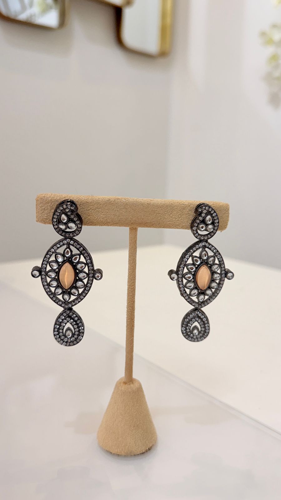 Peach Beaded Oxidised Pendant Necklace Set with Matching Earrings