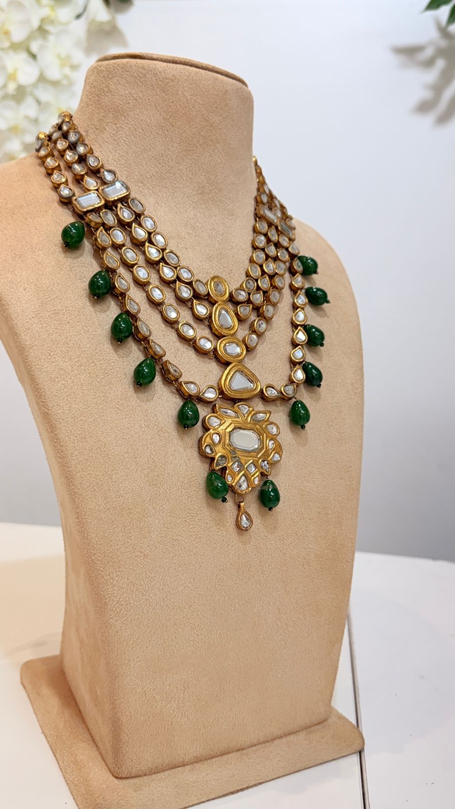 Gold Kundan Layered Necklace with Green Bead Drops