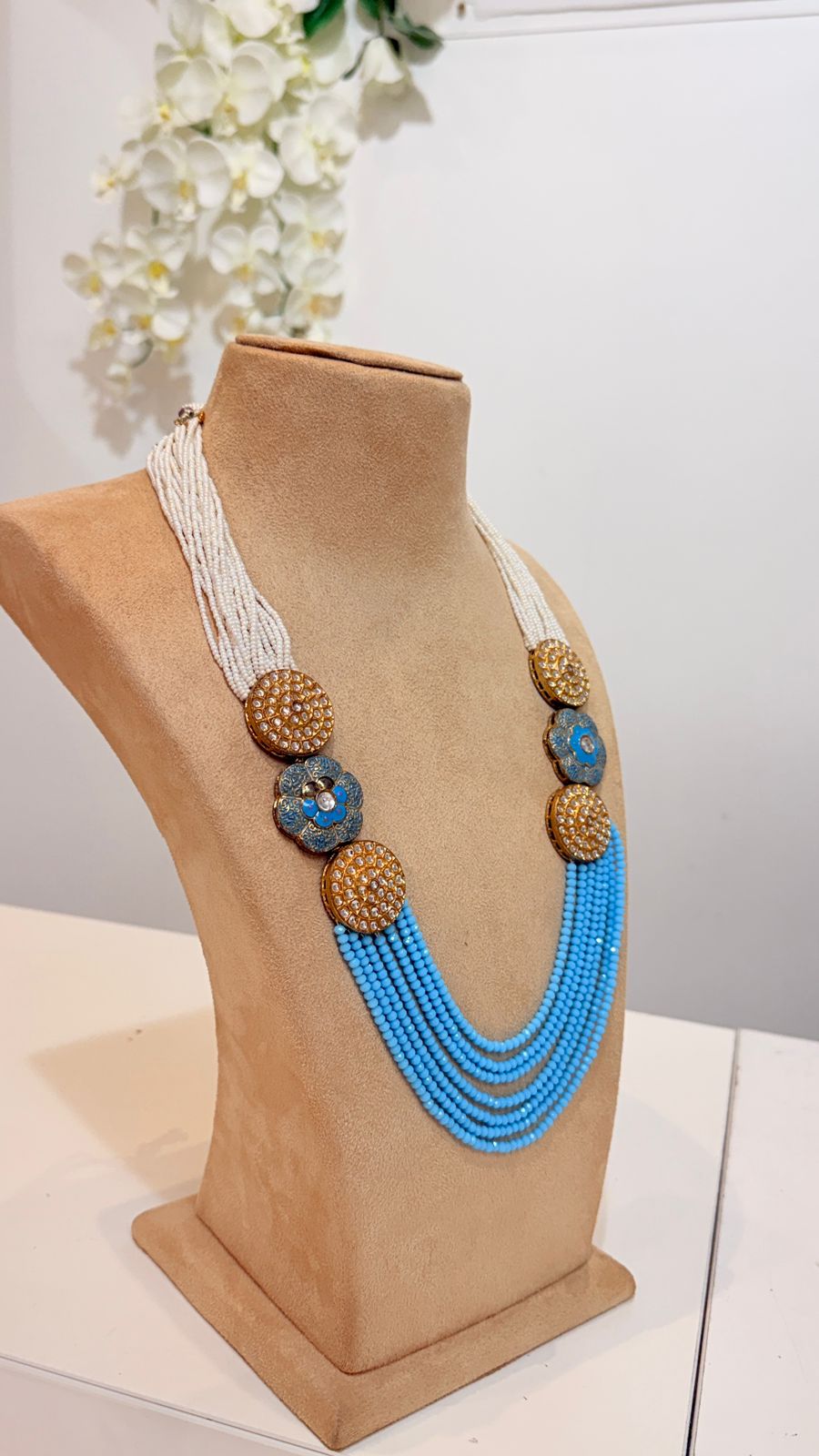 Sky Blue Multi-Layer Beaded Necklace with Pearl and Floral Detail