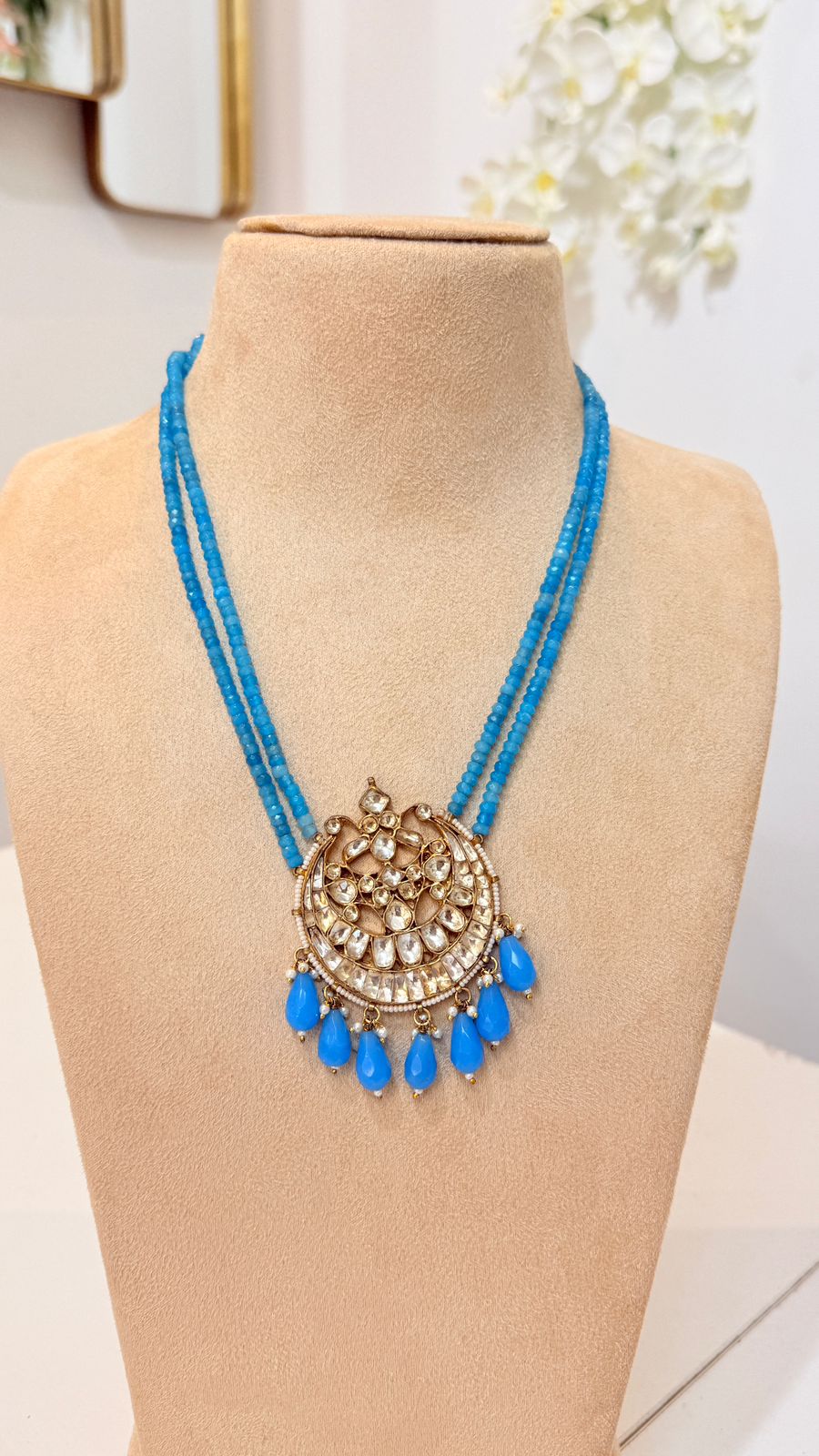 Royal Blue Beaded Kundan Pendant Necklace Set with Matching Earrings