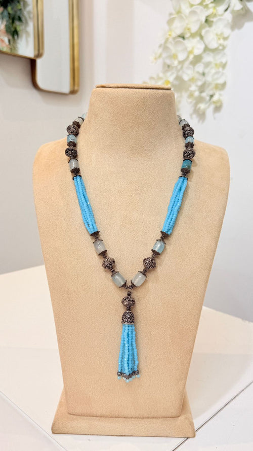 Aqua Blue Beaded Oxidised Tassel Necklace Set with Matching Earrings